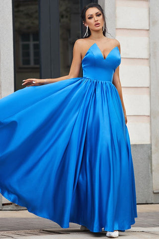 Royal Blue A-line V-Neck Long Satin Evening Prom Dress