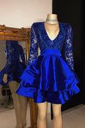 Vestido de Fiesta A-linea Azul Real con Cuello en V, Mangas Largas y Largo hasta la Rodilla
