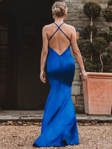 Royal Blue Long V-Neck Mermaid Satin Open Back Formal Prom Dress