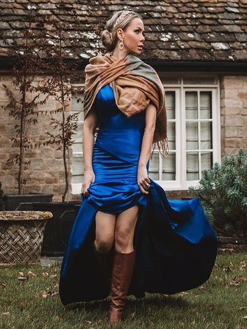 Royal Blue Long V-Neck Mermaid Satin Open Back Formal Prom Dress