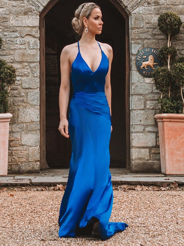 Royal Blue Long V-Neck Mermaid Satin Open Back Formal Prom Dress