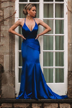 Vestido de baile comprido azul royal, decote em V, sereia, cetim, costas abertas