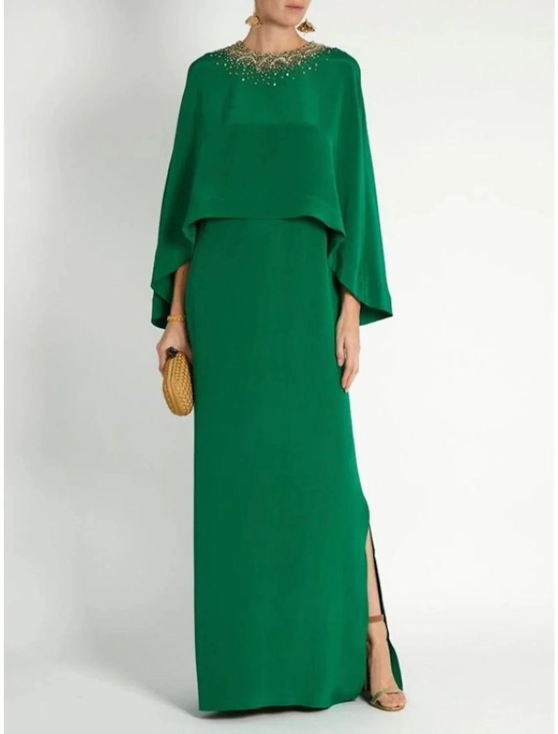 Vestido de mãe da noiva com bainha/coluna, festa formal, elegante, decote em joia, comprimento até ao tornozelo, chiffon elástico, manga comprida com lantejoulas, frente aberta