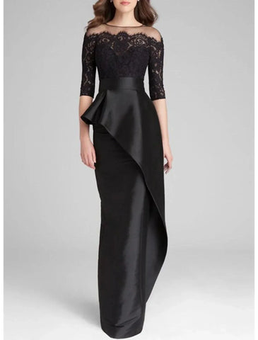 Meerjungfrau/Trompete Kleid für die Brautmutter, Hochzeitsgast, schlicht, elegant, Rundhalsausschnitt, bodenlang, Satin, Spitze, halbe Ärmel mit Rüschenapplikationen
