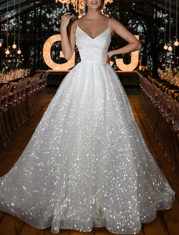 Vestidos de noiva casuais Hall Sparkle &amp; Shine, corte A, camisola, decote em V, alças finas, cauda longa, lantejoulas, cor sólida, festa de casamento, verão, outono