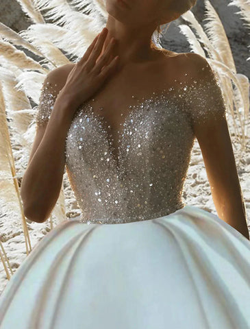 Verlobungs- und formelle Brautkleider, Ballkleid, schulterfrei, kurze Ärmel, Kapellenschleppe, Satin, Brautkleider mit Volltonfarbe