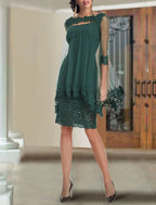 Vestido de mãe da noiva de duas peças com bainha/coluna, elegante, com decote quadrado, comprimento até ao joelho, chiffon e renda, meia manga com aplicações