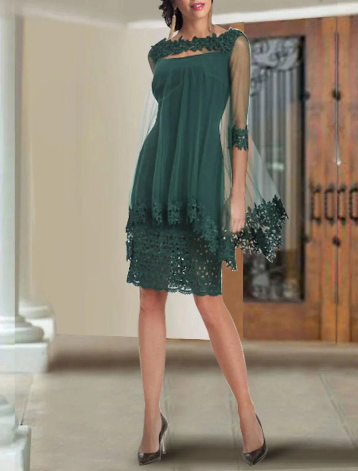 Vestido de mãe da noiva de duas peças com bainha/coluna, elegante, com decote quadrado, comprimento até ao joelho, chiffon e renda, meia manga com aplicações