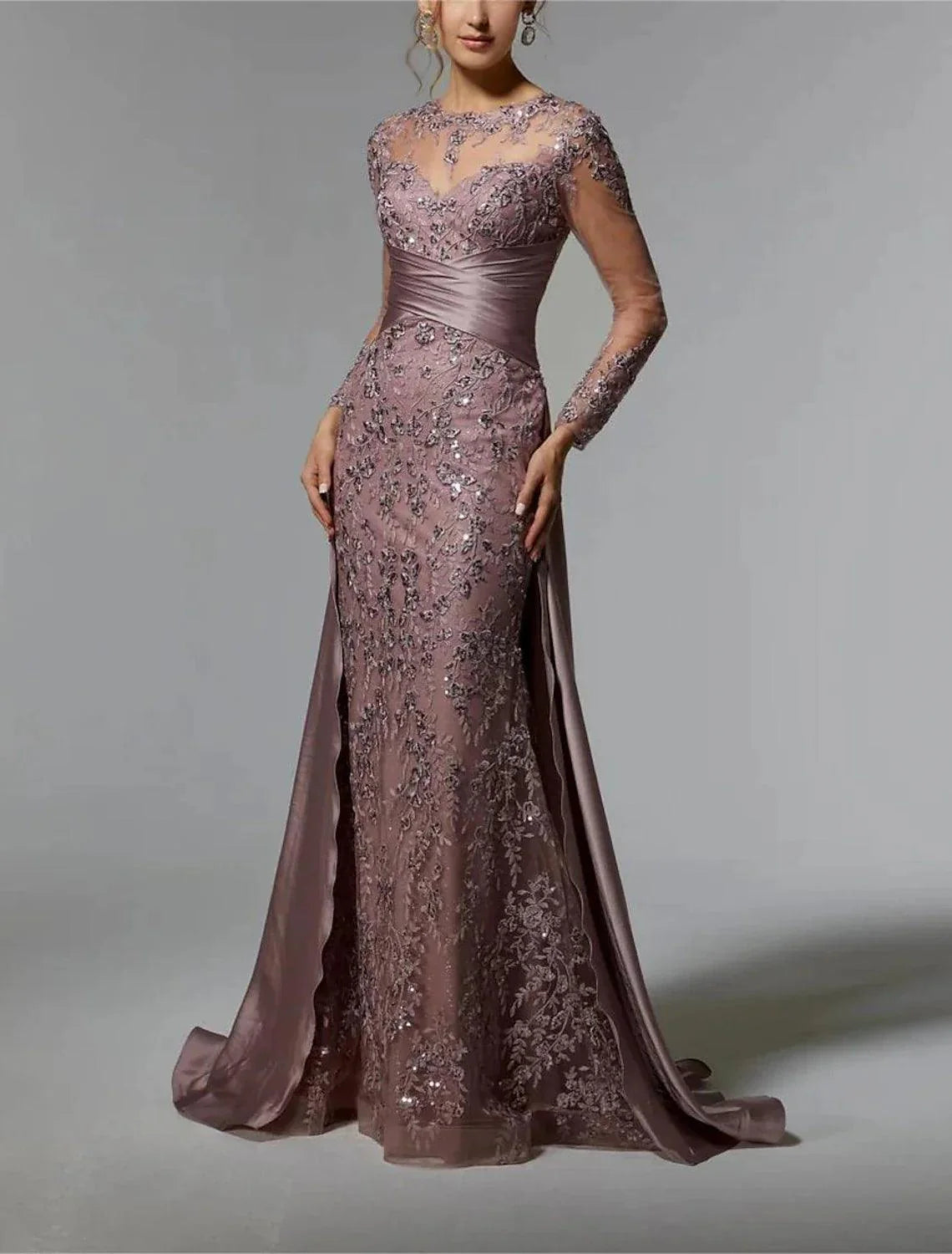 Vestido para mãe da noiva, convidada de casamento, elegante, decote em joia, cauda comprida em cetim elástico com renda e lantejoulas