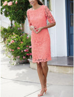 Vestido de festa tubinho/coluna para mãe da noiva, convidada de casamento, pequeno, doce, decote redondo, comprimento até ao joelho, renda, meia manga, cor sólida, outono