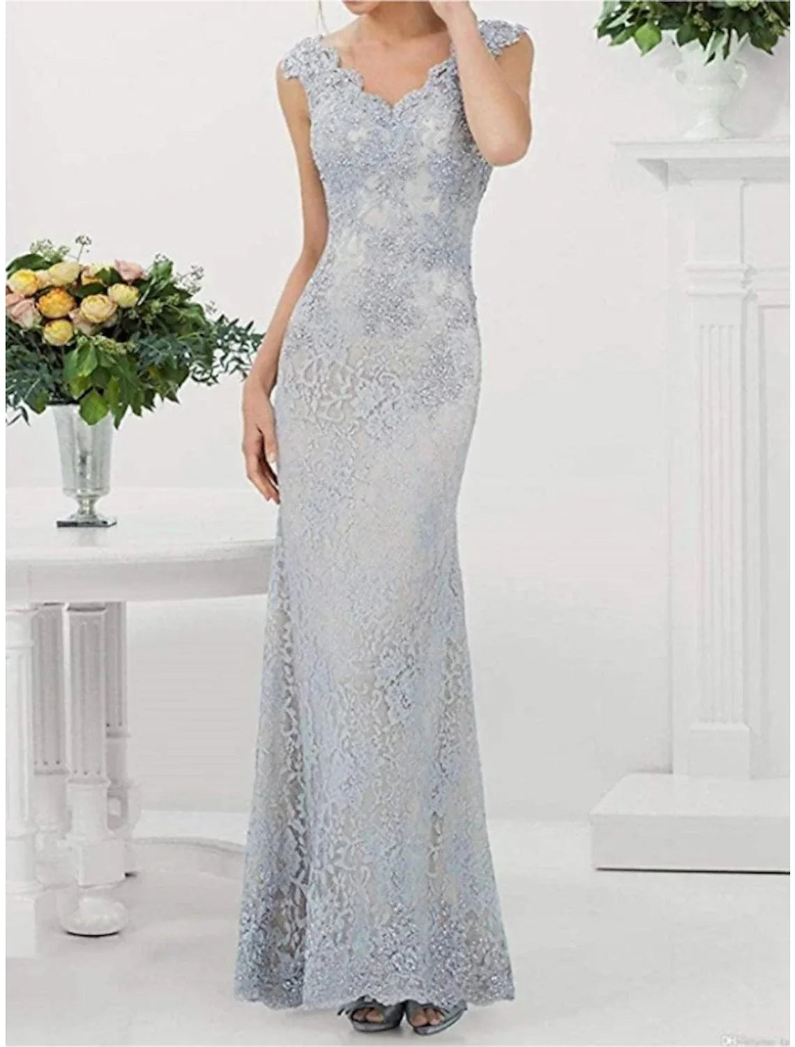 Vestido tubinho/coluna para mãe da noiva, festa de casamento, elegante, decote em V, comprimento até ao chão, renda, sem mangas, com pregas, cor sólida