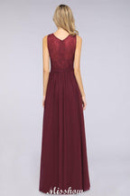 Ruffle A-Line Floor-Length Bridesmaid Dress Chiffon Lace V-Neck Evening Dress