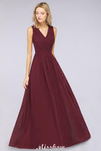 Ruffle A-Line Floor-Length Bridesmaid Dress Chiffon Lace V-Neck Evening Dress