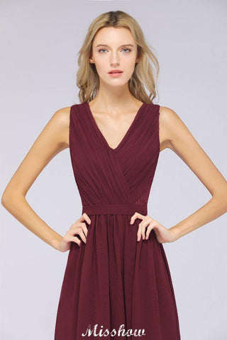 Rüschen A-Linie Bodenlanges Brautjungfernkleid Chiffon Spitze V-Ausschnitt Abendkleid