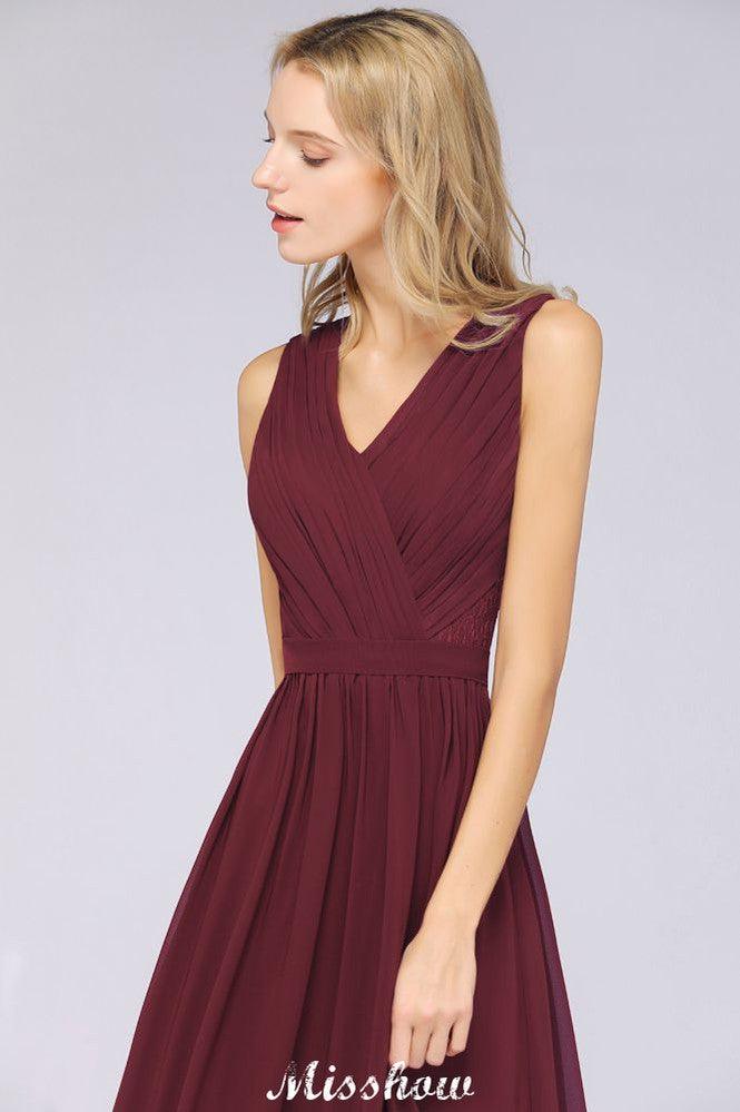 Ruffle A-Line Floor-Length Bridesmaid Dress Chiffon Lace V-Neck Evening Dress