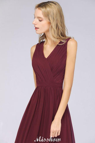 Rüschen A-Linie Bodenlanges Brautjungfernkleid Chiffon Spitze V-Ausschnitt Abendkleid