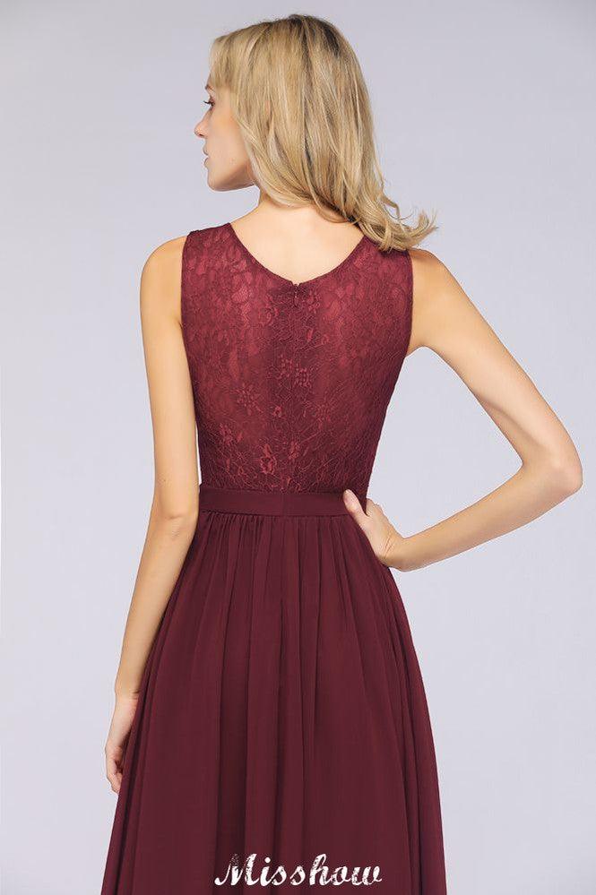 Ruffle A-Line Floor-Length Bridesmaid Dress Chiffon Lace V-Neck Evening Dress