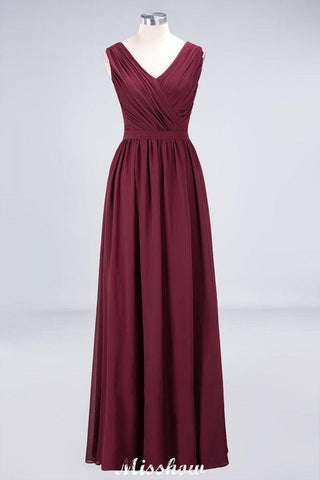 Rüschen A-Linie Bodenlanges Brautjungfernkleid Chiffon Spitze V-Ausschnitt Abendkleid