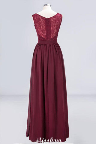 Rüschen A-Linie Bodenlanges Brautjungfernkleid Chiffon Spitze V-Ausschnitt Abendkleid