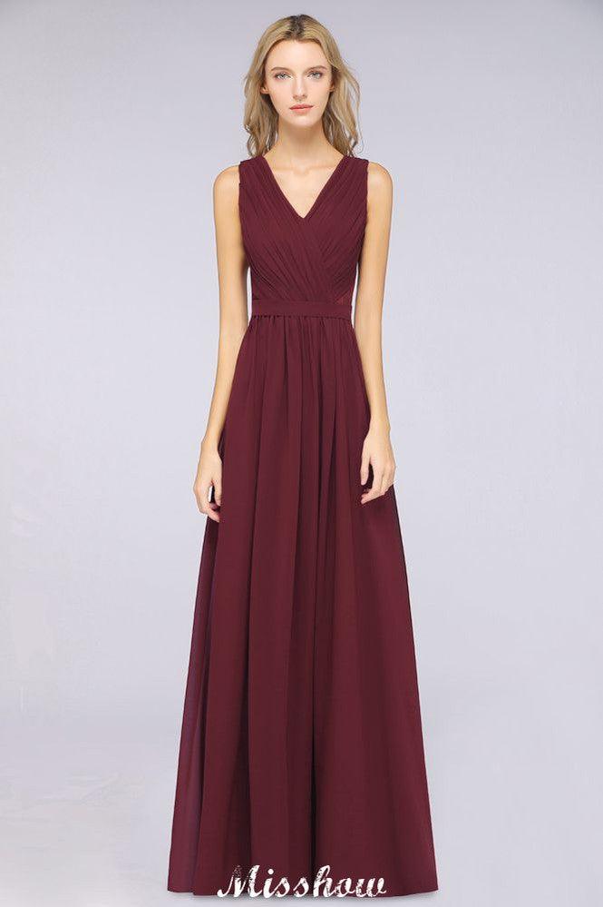 Ruffle A-Line Floor-Length Bridesmaid Dress Chiffon Lace V-Neck Evening Dress