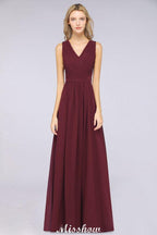 Ruffle A-Line Floor-Length Bridesmaid Dress Chiffon Lace V-Neck Evening Dress