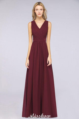Rüschen A-Linie Bodenlanges Brautjungfernkleid Chiffon Spitze V-Ausschnitt Abendkleid