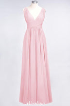 Ruffle Chiffon Sleeveless Evening Maxi Gown V-Neck Bridesmaid Dress