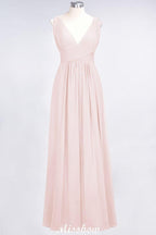 Ruffle Chiffon Sleeveless Evening Maxi Gown V-Neck Bridesmaid Dress