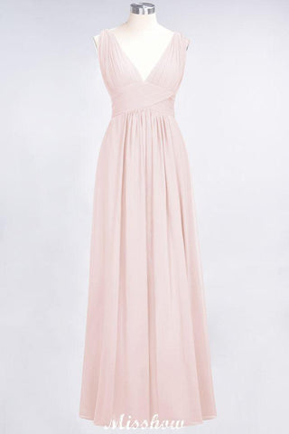 Ärmelloses Maxi-Abendkleid aus Chiffon mit Rüschen und V-Ausschnitt für Brautjungfern