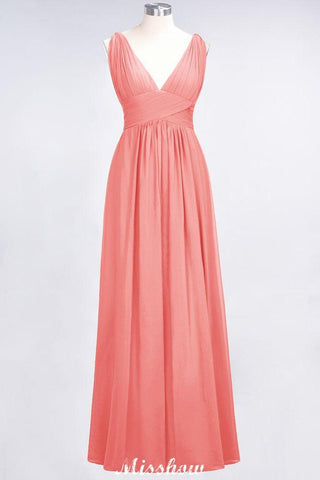 Ärmelloses Maxi-Abendkleid aus Chiffon mit Rüschen und V-Ausschnitt für Brautjungfern