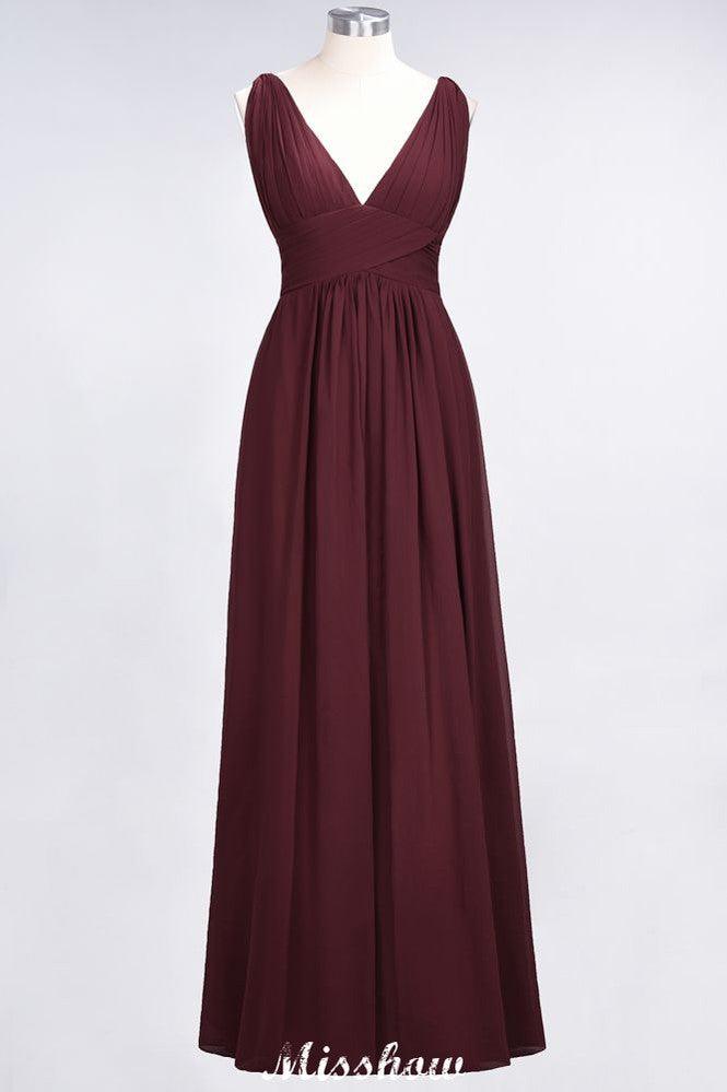 Ruffle Chiffon Sleeveless Evening Maxi Gown V-Neck Bridesmaid Dress