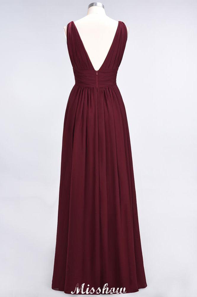 Ruffle Chiffon Sleeveless Evening Maxi Gown V-Neck Bridesmaid Dress