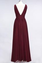 Ruffle Chiffon Sleeveless Evening Maxi Gown V-Neck Bridesmaid Dress