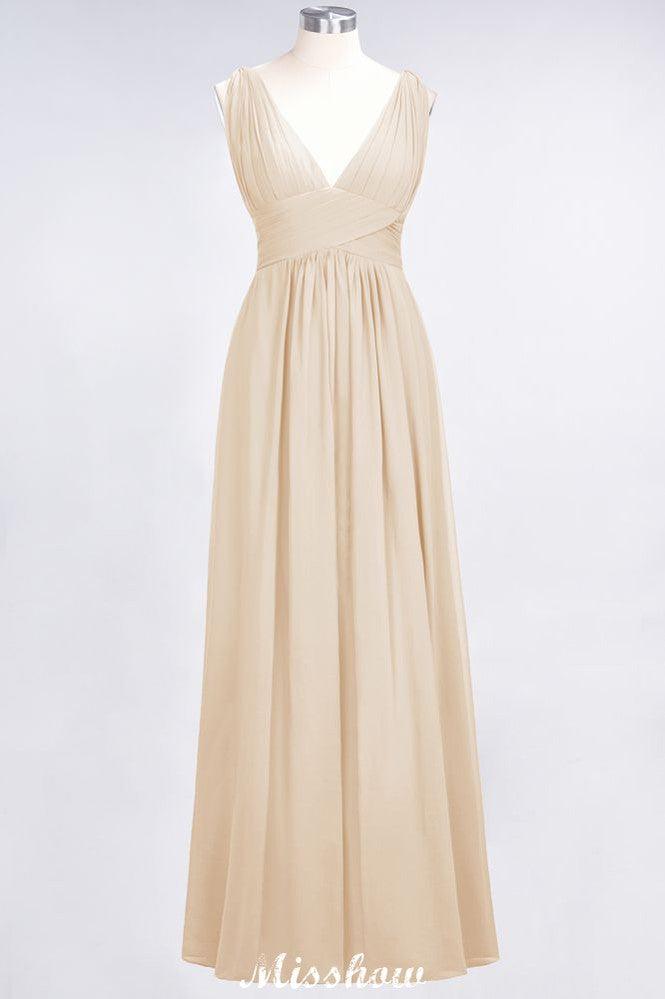 Ruffle Chiffon Sleeveless Evening Maxi Gown V-Neck Bridesmaid Dress