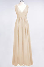 Ruffle Chiffon Sleeveless Evening Maxi Gown V-Neck Bridesmaid Dress