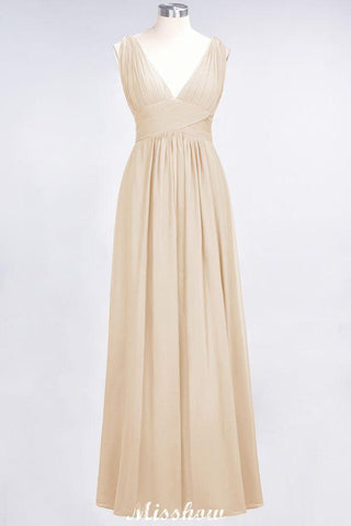 Ärmelloses Maxi-Abendkleid aus Chiffon mit Rüschen und V-Ausschnitt für Brautjungfern