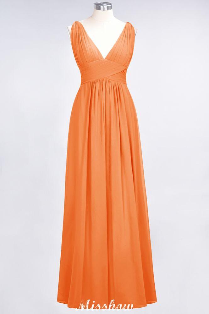 Ruffle Chiffon Sleeveless Evening Maxi Gown V-Neck Bridesmaid Dress