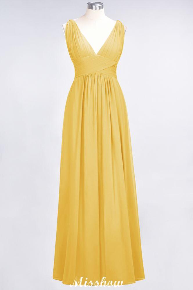 Ruffle Chiffon Sleeveless Evening Maxi Gown V-Neck Bridesmaid Dress