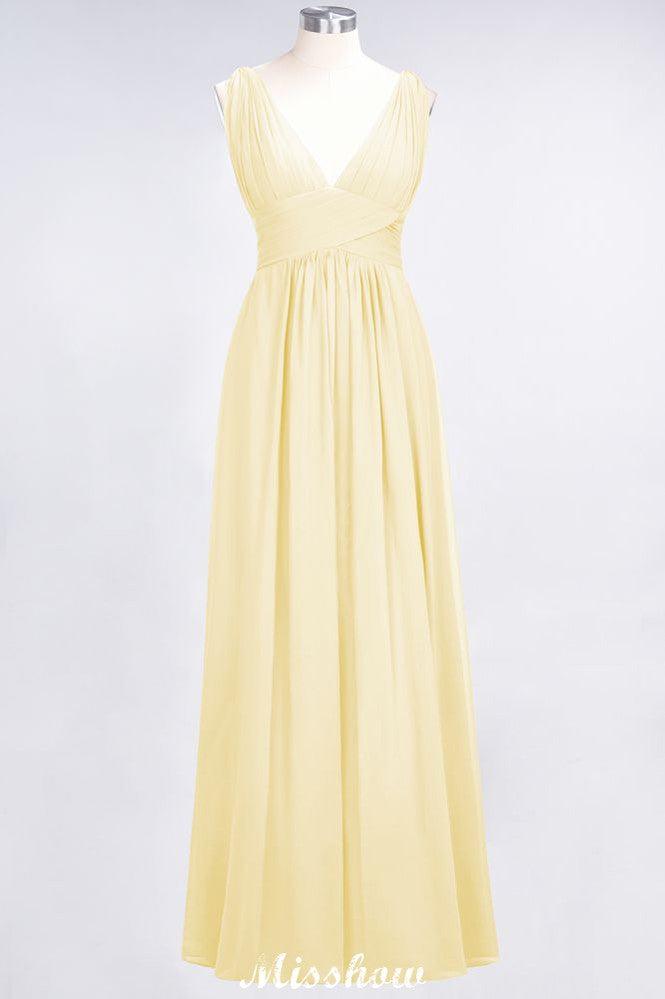 Ruffle Chiffon Sleeveless Evening Maxi Gown V-Neck Bridesmaid Dress