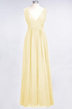 Ruffle Chiffon Sleeveless Evening Maxi Gown V-Neck Bridesmaid Dress