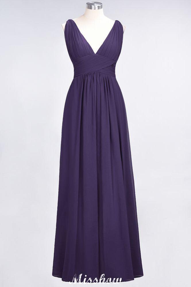 Ruffle Chiffon Sleeveless Evening Maxi Gown V-Neck Bridesmaid Dress