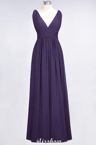 Ärmelloses Maxi-Abendkleid aus Chiffon mit Rüschen und V-Ausschnitt für Brautjungfern