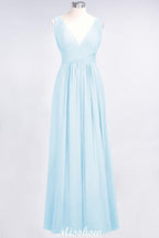 Ruffle Chiffon Sleeveless Evening Maxi Gown V-Neck Bridesmaid Dress