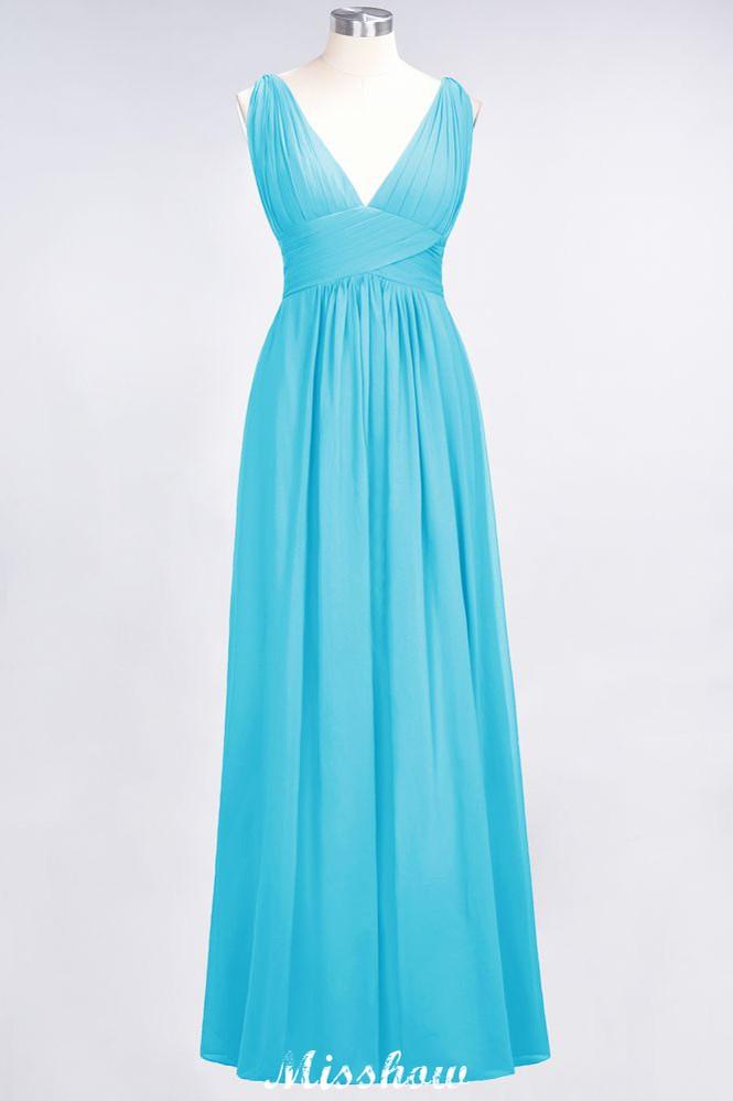 Ruffle Chiffon Sleeveless Evening Maxi Gown V-Neck Bridesmaid Dress