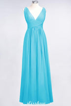 Ruffle Chiffon Sleeveless Evening Maxi Gown V-Neck Bridesmaid Dress