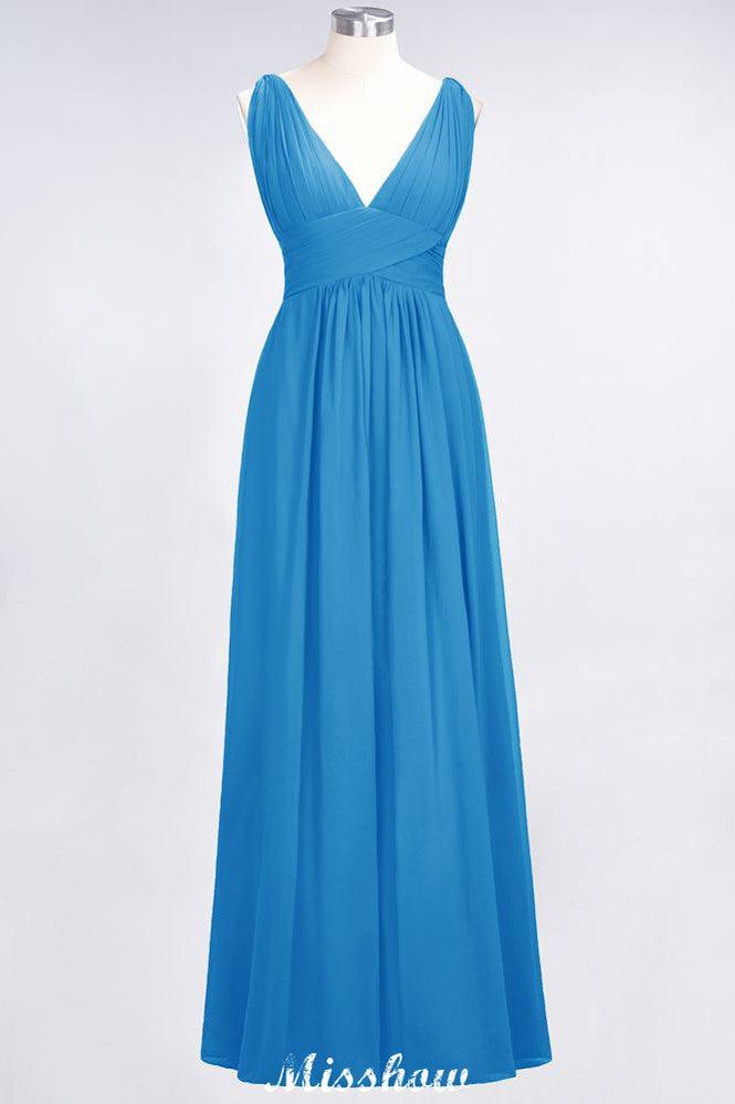 Ruffle Chiffon Sleeveless Evening Maxi Gown V-Neck Bridesmaid Dress