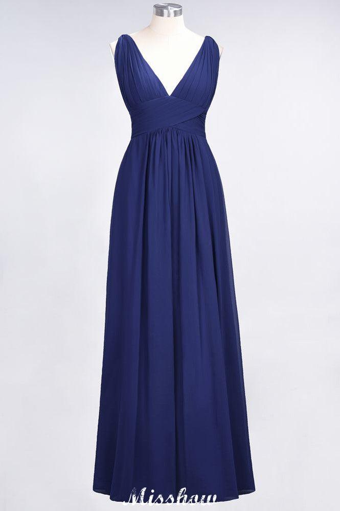 Ruffle Chiffon Sleeveless Evening Maxi Gown V-Neck Bridesmaid Dress