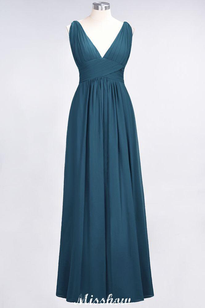 Ruffle Chiffon Sleeveless Evening Maxi Gown V-Neck Bridesmaid Dress