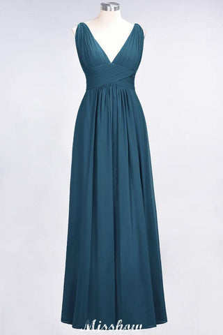 Ärmelloses Maxi-Abendkleid aus Chiffon mit Rüschen und V-Ausschnitt für Brautjungfern