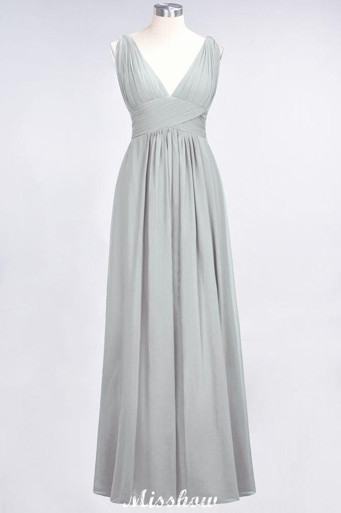 Ruffle Chiffon Sleeveless Evening Maxi Gown V-Neck Bridesmaid Dress